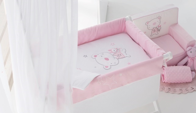 minicuna con dosel para bebé color rosa