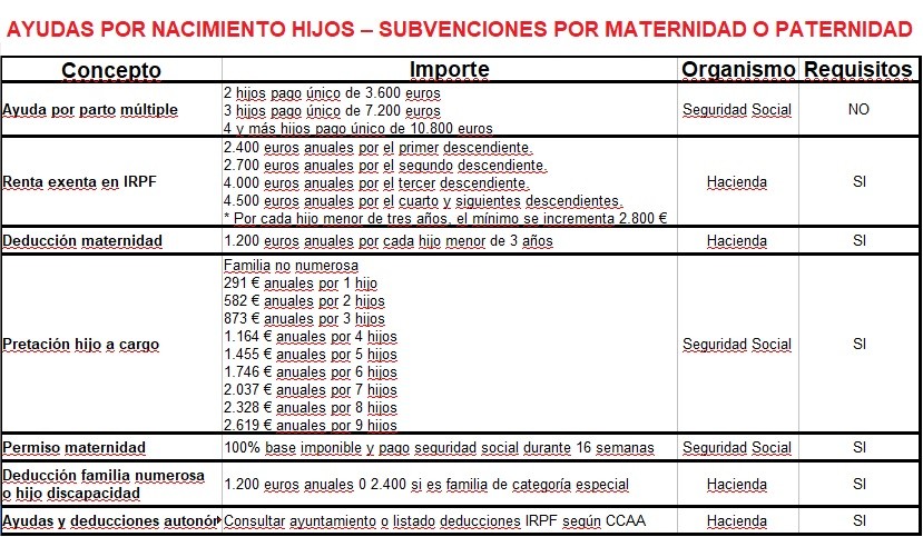 listado ayudas nacimiento hijos deducciones maternidad paternidad listado ayudas nacimiento hijos deducciones maternidad paternidad